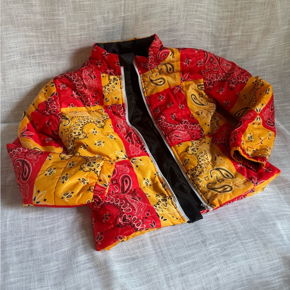 Red and Yellow Bandana Print Puffer Jacket